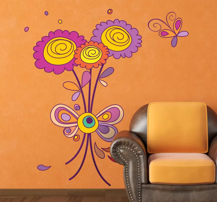 Violet flowers and butterfly wall sticker - TenStickers