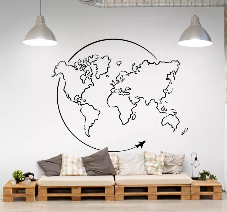 World map circle airplane wall sticker - TenStickers