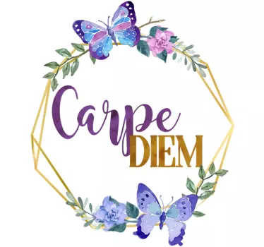 Carpe Diem flowers wreath with butterfly wall sticker - TenStickers