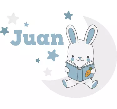 Rabbit reading on moon with name illustration wall art - TenStickers