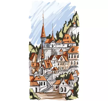 Watercolour Alpine Village Sticker - TenStickers