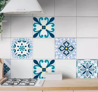 Blue tone original flower kitchen tile sticker - TenStickers