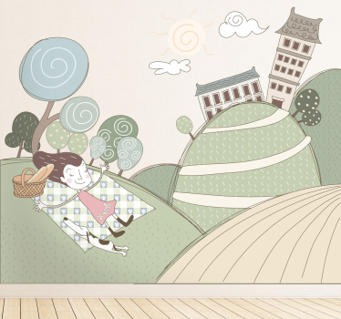 Nature wall sticker cheerful girl picnic - TenStickers