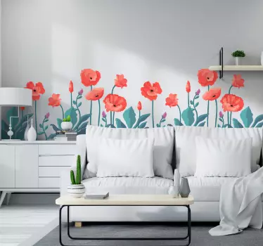 Drawn poppies with butterflies flower wall decor - TenStickers