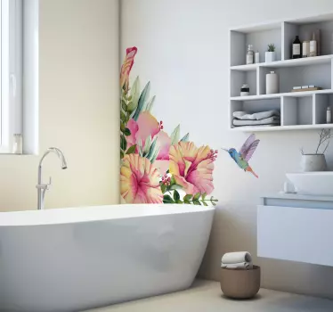 Flower wall sticker with hummingbird - TenStickers