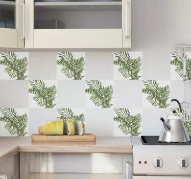 Green leaves kitchen plant wall sticker Tile - TenStickers