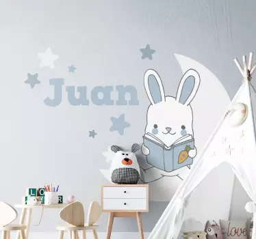 Rabbit reading on moon with name illustration wall art - TenStickers