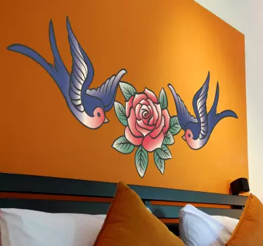 Rose and Swallows Flower Wall Sticker for Bedroom - TenStickers