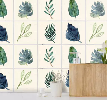 Tropical grey leaves bathroom tile sticker - TenStickers