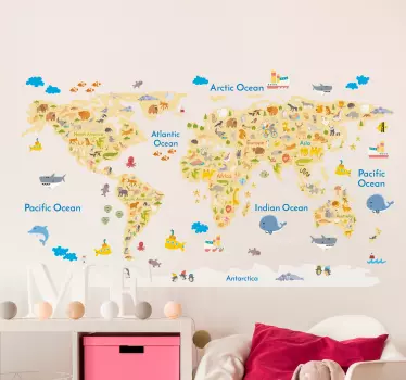 Wild animal world map wall sticker - TenStickers