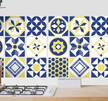 Yellow and blue geometric kitchen tile sticker - TenStickers