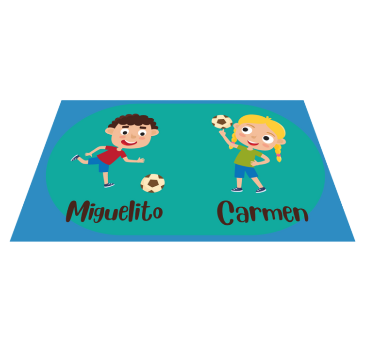 Children engaging in football with name kids vinyl rug - TenStickers