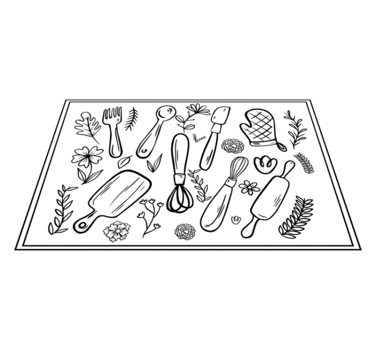 Floral and with utensils kitchen floor tiles - TenStickers
