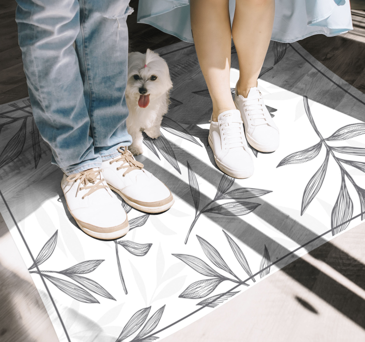 Grey leaves on white background kitchen vinyl rug - TenStickers