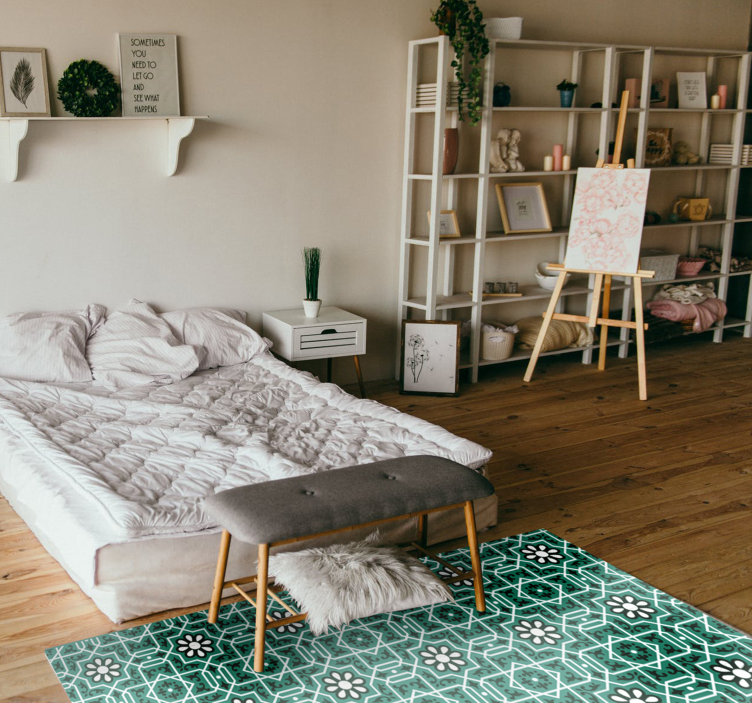 Green floral tiles kitchen vinyl rug - TenStickers