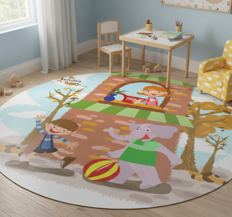 Animal vinyl rug with elephant and kids playing - TenStickers