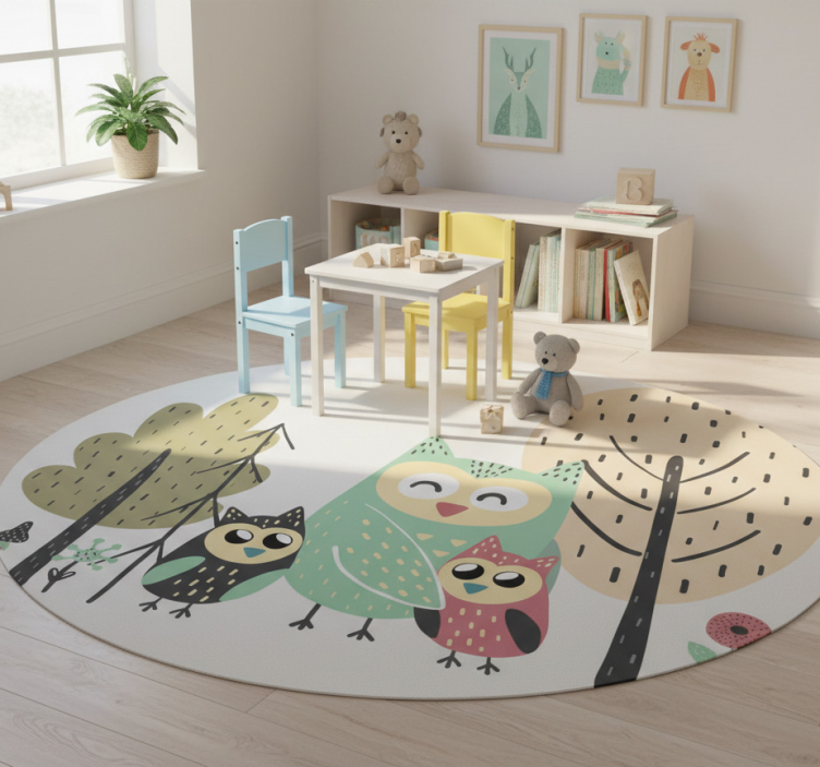 Animal vinyl rug colorful owls in tree - TenStickers