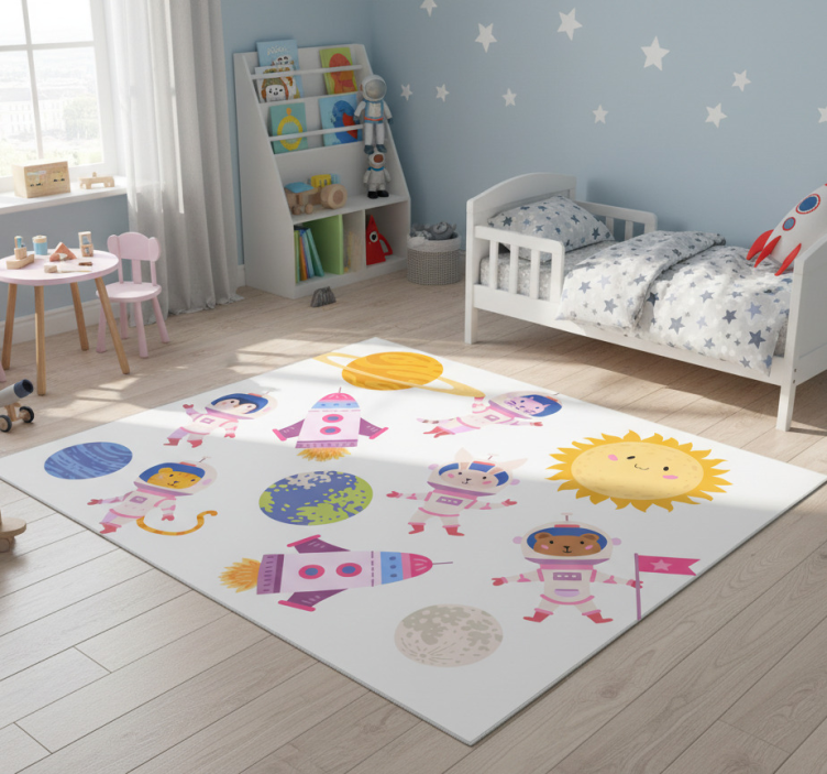 Animal vinyl rug featuring astronaut animals with rocket - TenStickers