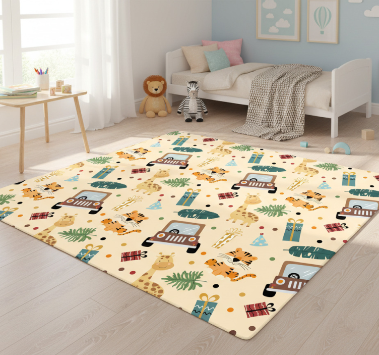 Safari animals with car animal vinyl rug - TenStickers