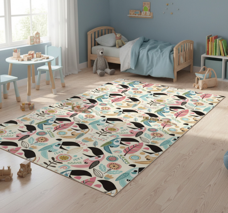 Animal vinyl rug in blue nordic pastel leaves - TenStickers
