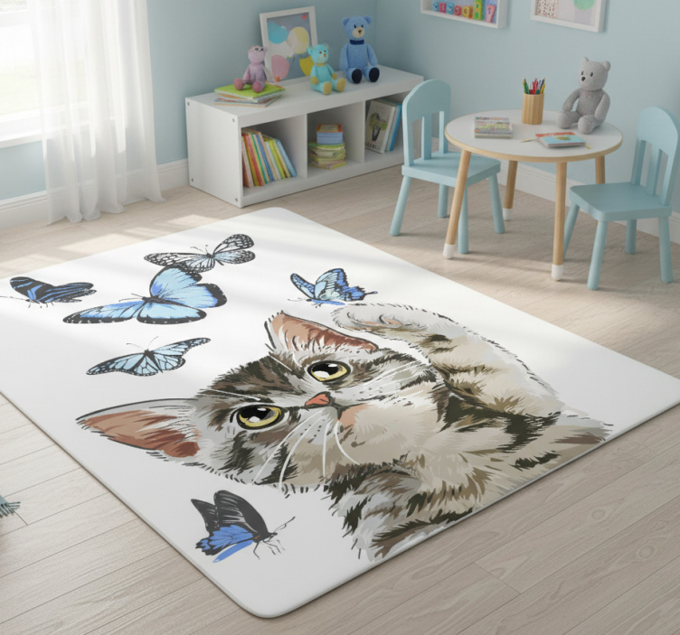 Animal vinyl rug kitty with blue butterflies - TenStickers