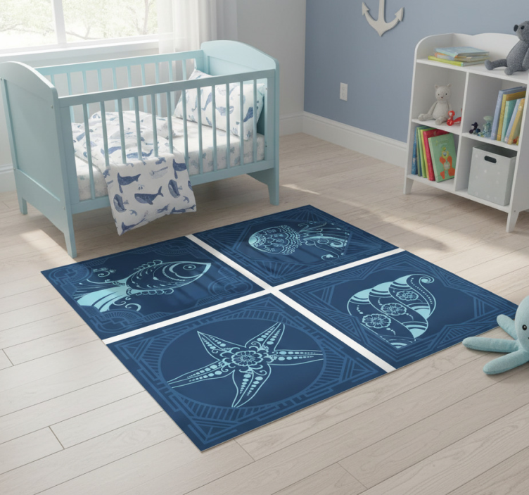 Animal vinyl rug in blue ornamental tiles - TenStickers