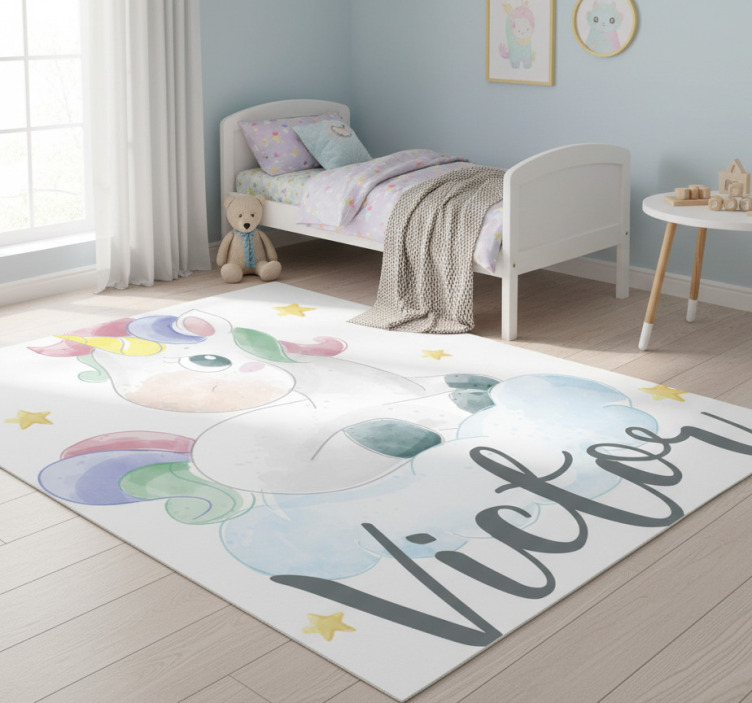 Animal vinyl rug watercolor unicorn with clouds - TenStickers