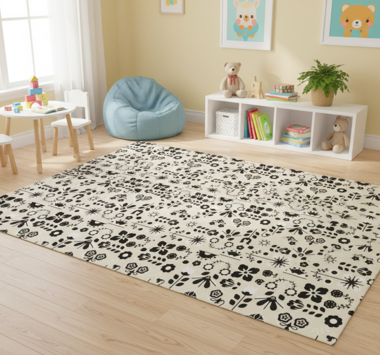 Animal vinyl rug with black and white folk design - TenStickers