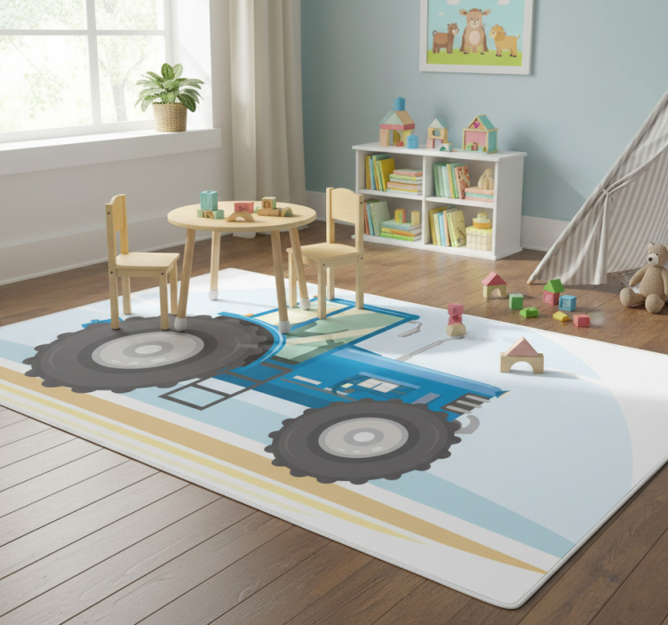 Animal vinyl rug with blue tractor design - TenStickers