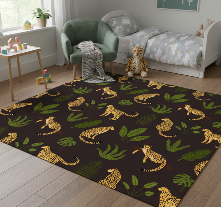 Animal vinyl rug with dark botanical leopard pattern - TenStickers