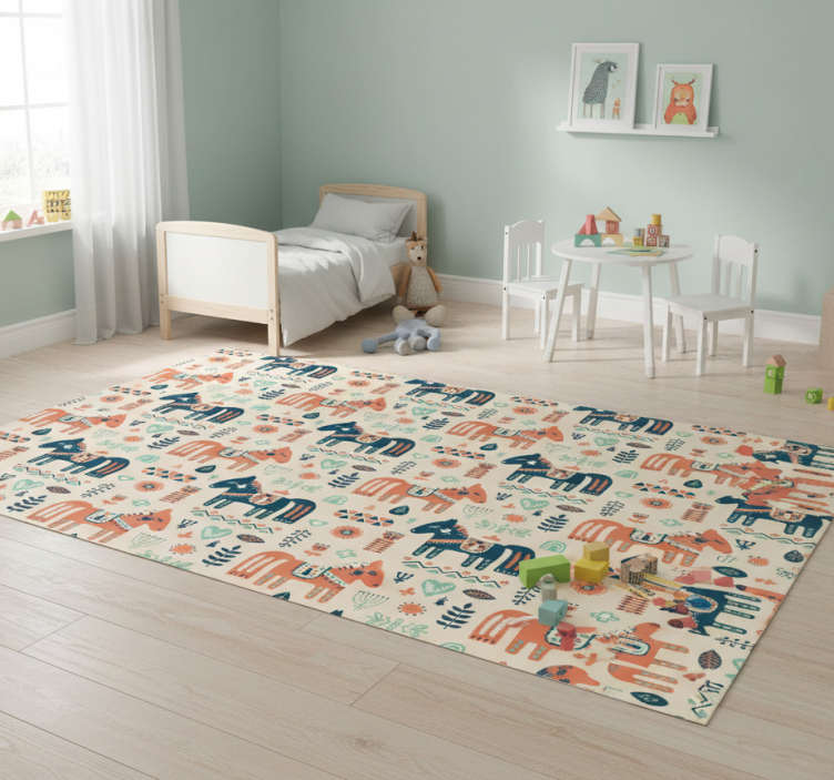 Animal vinyl rug nordic leaves and horses - TenStickers
