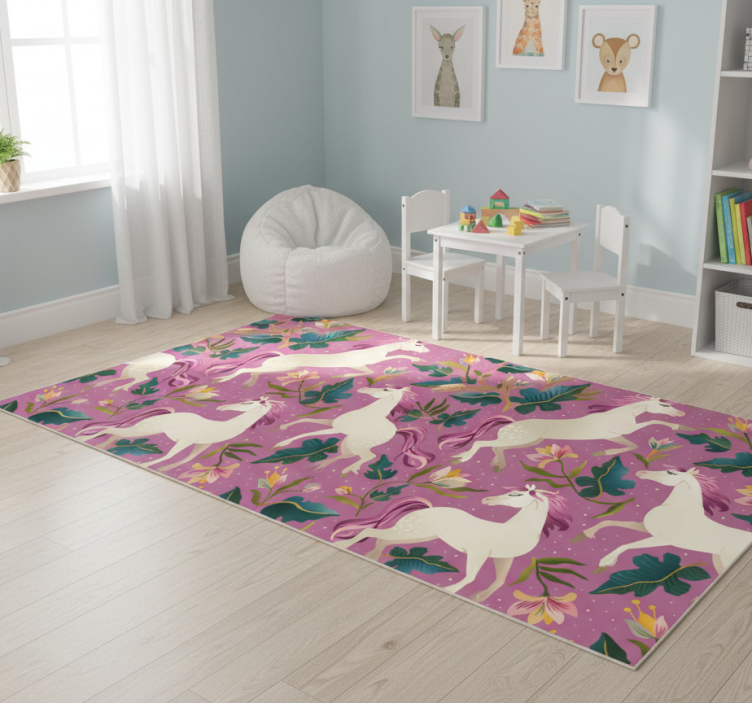 Animal vinyl rug with pink floral horse design - TenStickers
