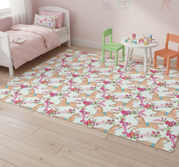 Animal vinyl rug with pink flowers horse pattern - TenStickers