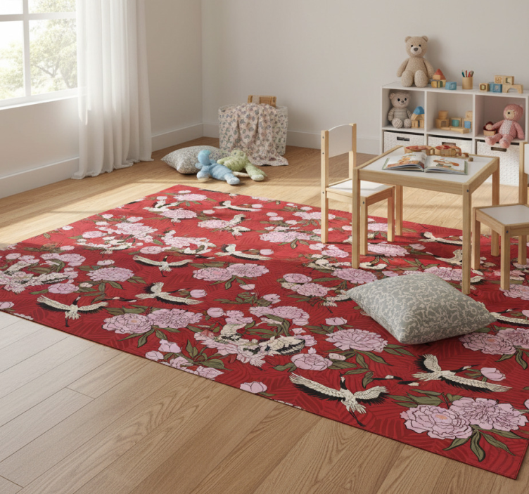 Animal vinyl rug with white birds on red pattern - TenStickers
