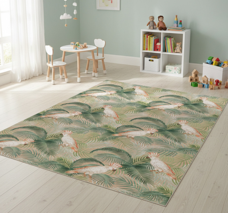 Animal vinyl rug with white parrots on beige palms - TenStickers