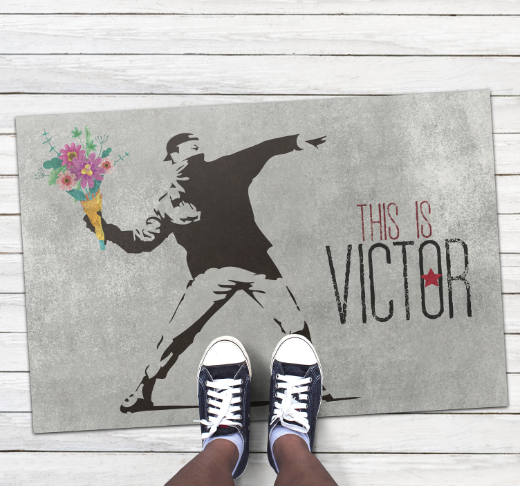 Bansky flower bouquet vinyl rug with name - TenStickers