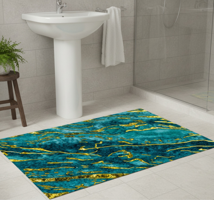 Bathroom vinyl rug in blue and gold marble effect - TenStickers