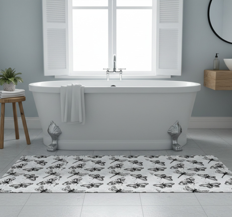 Bathroom vinyl rug with black and white dragonfly pattern - TenStickers
