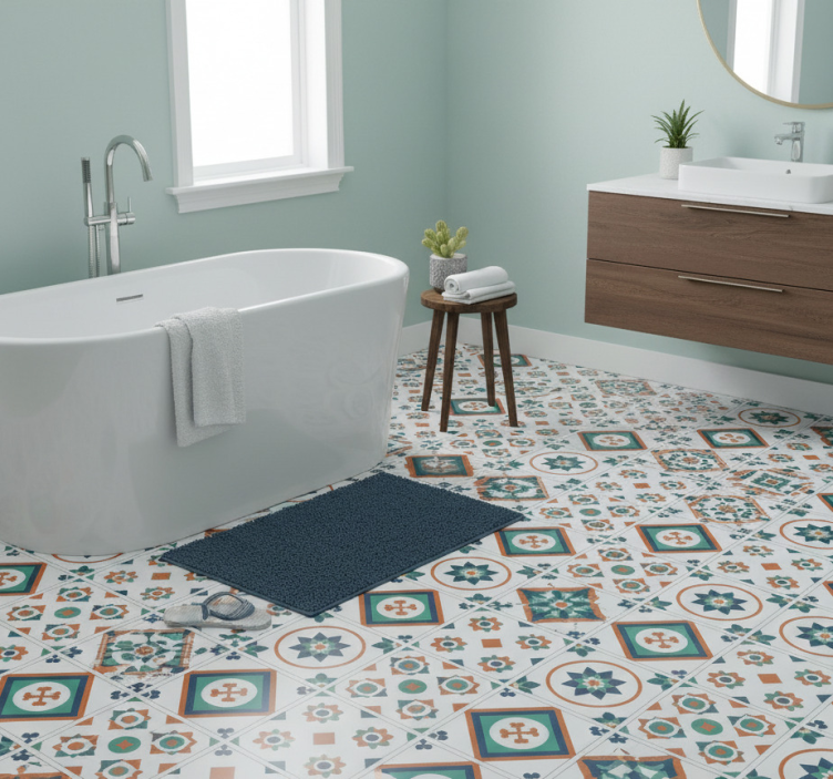 Bathroom vinyl rug with geometric tiles design - TenStickers