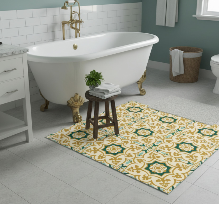 Bathroom vinyl rug with gold and green tile pattern - TenStickers