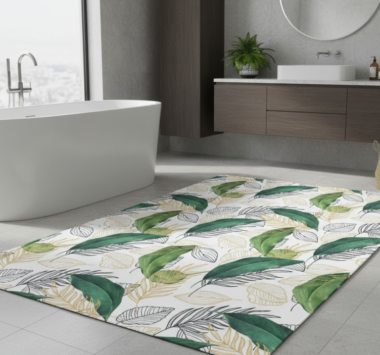 Bathroom vinyl rug with green and gold leaves art - TenStickers