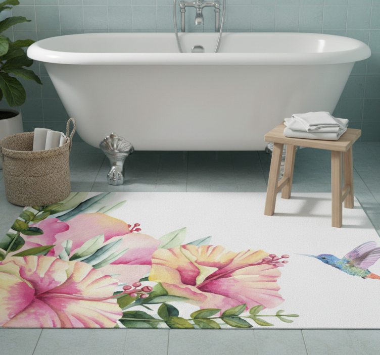 Bathroom vinyl rug with hummingbird flowers - TenStickers