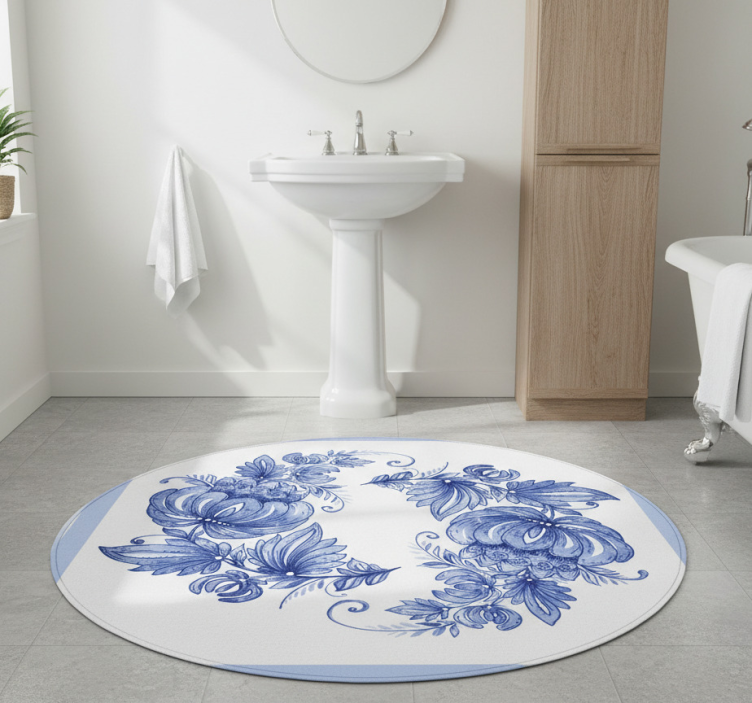 Bathroom vinyl rug with white and blue horezu design - TenStickers