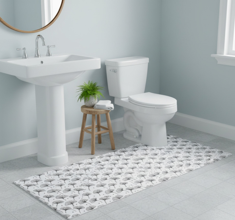 Bathroom vinyl rug with white ginkgo leaf pattern - TenStickers