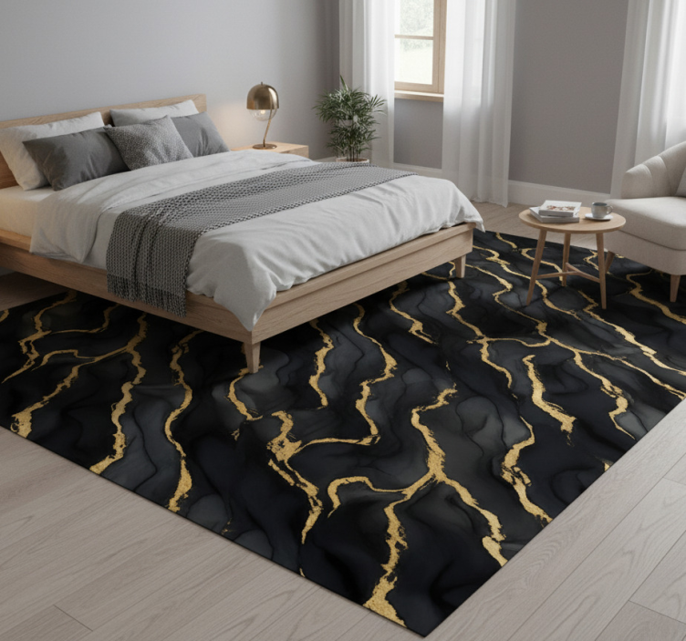 Bedroom vinyl rug black marble effect with gold design - TenStickers