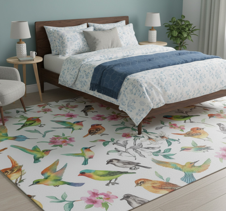 Bedroom vinyl rug colorful nature with birds - TenStickers