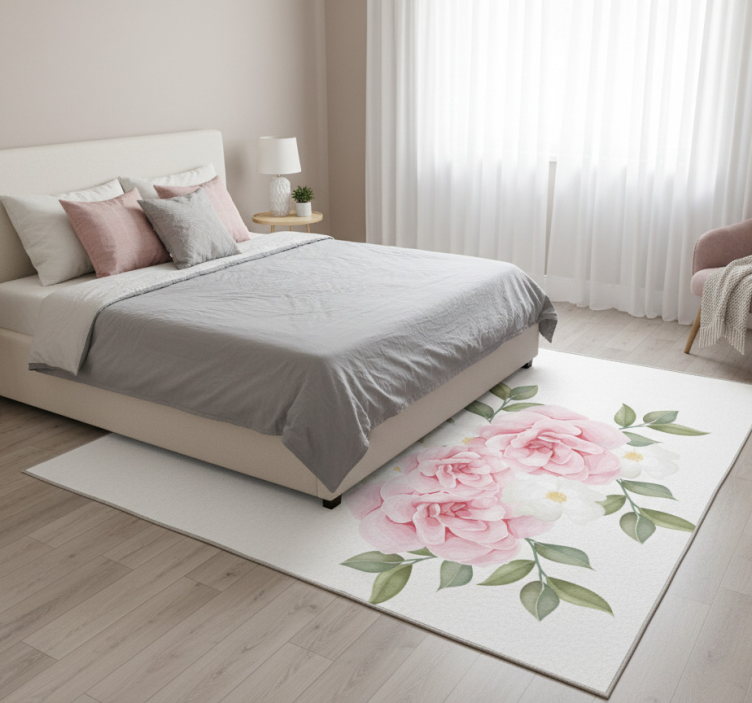 Bedroom vinyl rug elegant pink flowers - TenStickers
