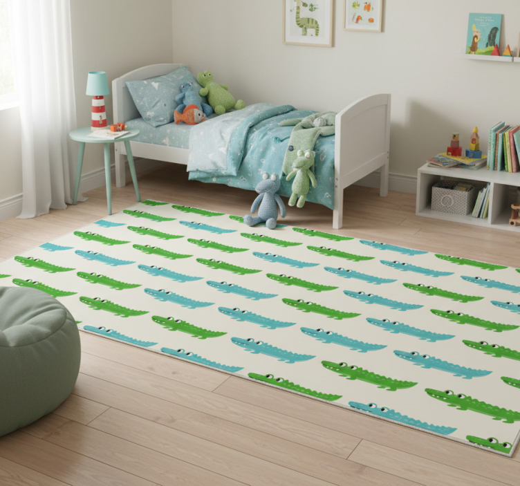 Bedroom vinyl rug featuring a green and blue crocodile - TenStickers