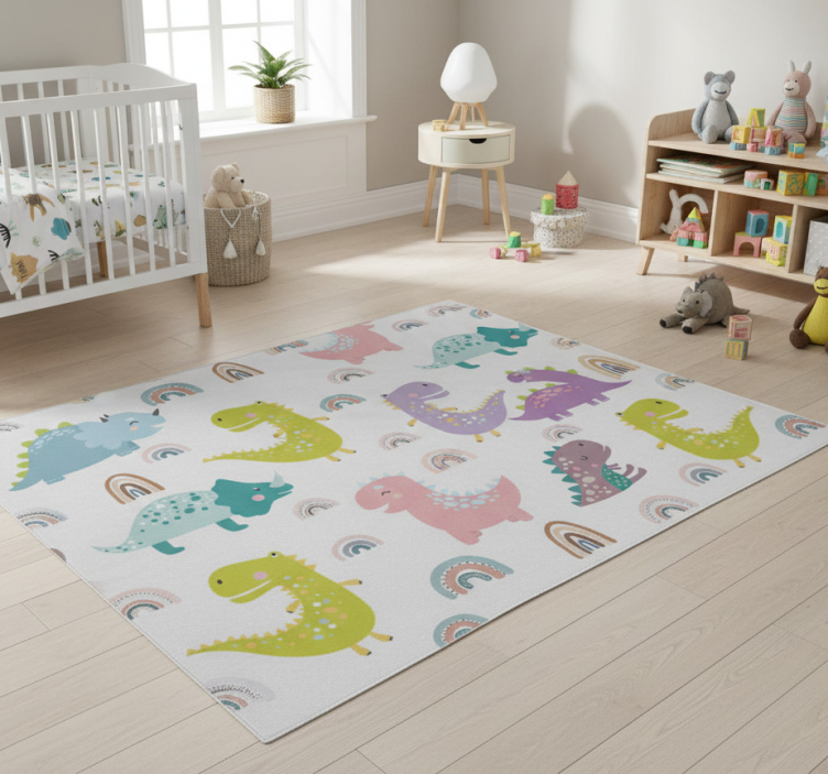 Bedroom vinyl rug featuring nordic dinosaurs and rainbows - TenStickers