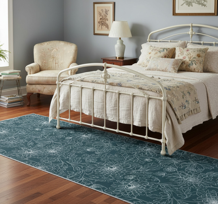 Bedroom vinyl rug grandmillenial white blossoms - TenStickers